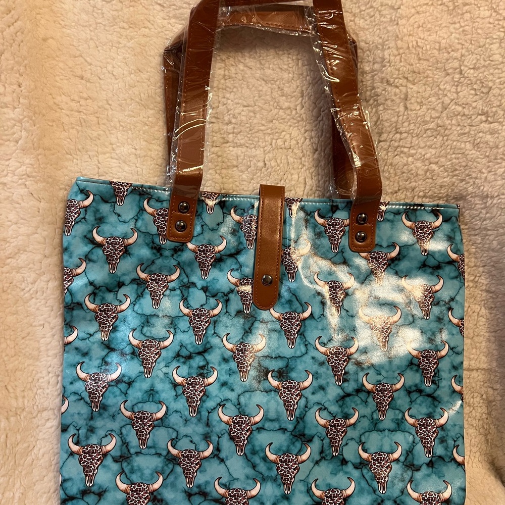 Brown and Blue Tote Bag with Bull Skull Design